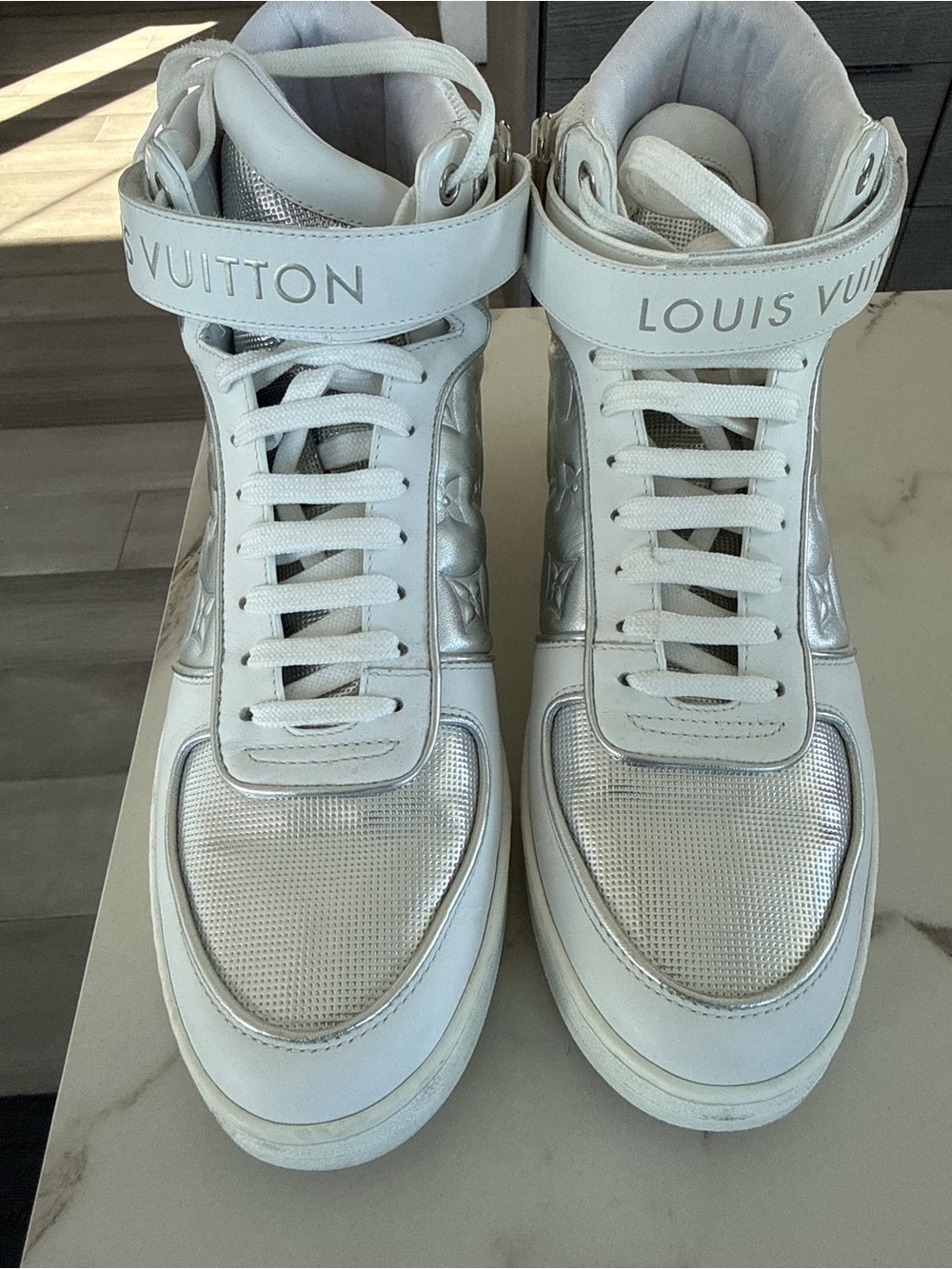 Louis Vuitton White & Silver High-Top Sneakers with Monogram Detail
